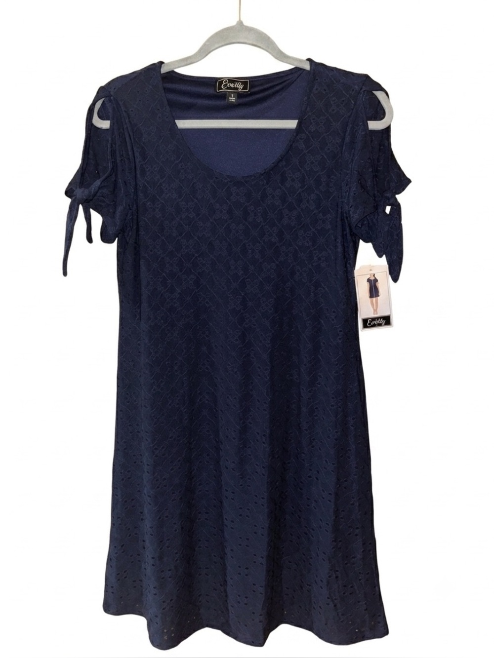 NWT Everly Navy Blue Eyelet Mini Dress Small Cold Shoulder Lace A-Line Sundress